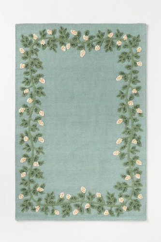 Green wool floral border rug - border,