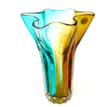 Beautiful Freeform Art Glass Fazzoletto Lobed Vase with Bubbles Aqua Amber