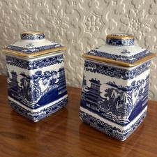 Pair square Ginger Jar,s Wade By Ringtons Willow Pattern Blue & White, 14cms