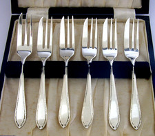CASED 6 ENGLISH STERLING SILVER CAKE PASTRY FORKS 1936 ART DECO 88g  ANTIQUES