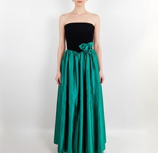 Vintage 80s Evening Gown Strapless Black Velvet & Green Formal Party Prom Dress