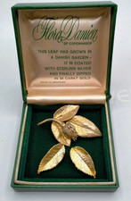 Vintage Flora Danica Gilded Silver Rosebud Brooch + Leaf Clip Earrings,Boxed.