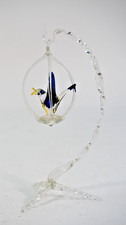 Vintage Murano-Style Hand Blown Glass Blue Bird in Hanging Cage. VGC.