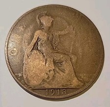 1913 King George V UK One Penny 1d coin