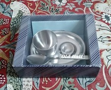 Vintage Old Hall Stainless Steel Egg Cup On Dish  & Spoon Engraved 'Lisa'