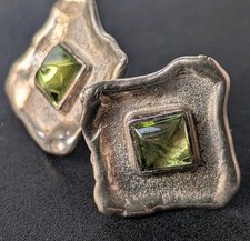 Sterling Silver Artisan Modernist Peridot Stud Earrings
