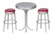 Dolls House Round Retro Tall Table & Red Stools 1950's Kitchen Diner Furniture