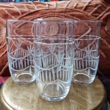 4 Vintage Mid Century etched Tumbler Glasses Gorgeous Scallop Design Glass