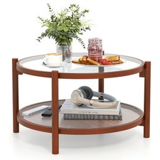 COSTWAY 78cm Round Coffee Table Solid Wood Circle Table w/Tempered Glass Top