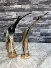 2 X Vtg Hand Carved Horn Stork Crane Heron Bird Sculptures Figurine Folk Art 10"