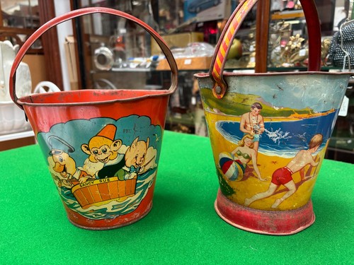 Vintage pair tin sand pails - tin,