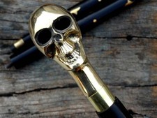 Collectible Solid Brass Men Skull Head Handle vintage Walking Cane Wooden Stick