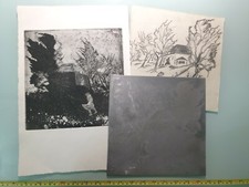 Vintage Metal Printing Etching Plate & Proof Print & Pencil Drawing Painting 