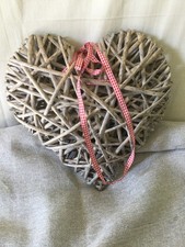 Grey Washed Woven Wicker Hanging Heart with Gingham Ribbon