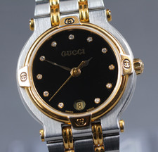[Near MINT]  GUCCI 9000L Diamond lady's Gold Silver Quartz Black Dial  watch