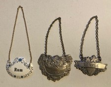 VINTAGE DRINK CARAFE DECANTER LABELS SHERRY (PEWTER ) RUM X3 METAL + BONE CHINA