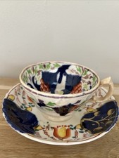 Antique Vintage Gaudy Welsh Grape & Tulip Design Teacup& Saucer. Hand Painted
