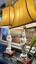 Chinese Dehua  Guan Yin Figurine Blanc de Chine Table Lamps With Silk Shades