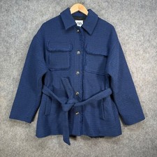 Zara Jacket Womens Size UK 8 Blue Cotton Blend Button Up Belted Coat Shacket