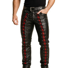 Men's Real Leather Biker Pants Lace Up Motorcycle Trousers BLUF Clubwear Fashion