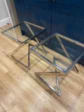 Pair Of Large Glass & Chrome Cross Legs Side Coffee Hall Tables 50cm X 50cm