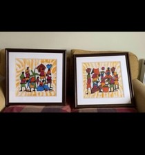 Framed African Batik Village Scene 