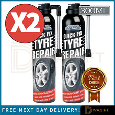 2 x QUICK FIX TYRE REPAIR KIT SPRAY 300ML CAR EMERGENCY FLAT INFLATE PUNCTURE