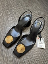 ZARA Leather Court Shoes Heels Pumps Block Heel Size 6 39 Black Gold NEW