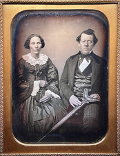 RARE 1/2 PLATE DAGUERREOTYPE - COUPLE - MAN WITH FOLK ART CRUTCH - BOSTON CASE