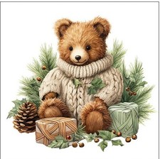 4 x Paper Napkin/3Ply/33cm/Decoupage/Christmas/Presents/Teddy Bear in Jumper