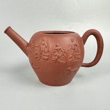 A rare miniature red stoneware sprigged Staffordshire teapot c1760