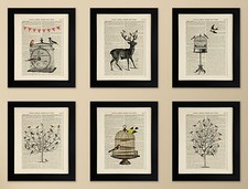 SET OF 6 ART PRINTS ON OLD ANTIQUE BOOK PAGE - Birds, Deer, Vintage, Upcycled