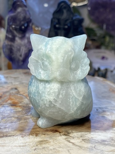 Blue jade crystal owl carving - crystal,
