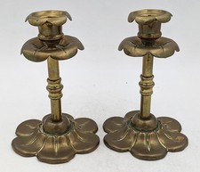 W.A.S BENSON STYLE ARTS & CRAFTS BRASS CANDLESTICKS c1900