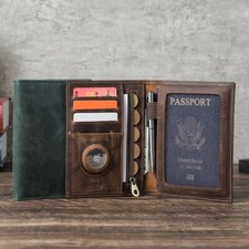 Travel RFID Passport Wallet AirTag Holder - Genuine Leather, Zipper Coin Pocket