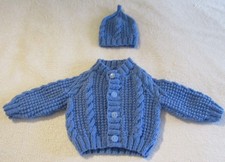 Hand knitted cable cardigan and hat set in blue newborn baby boy
