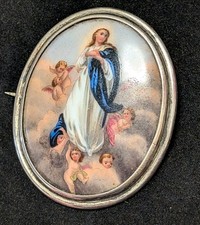 Antique Victorian Miniature Painting Brooch Virgin Mary Conception & Cherubs