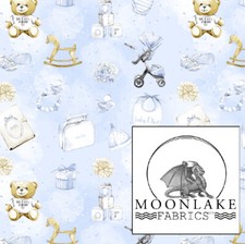 Nursery fabric with baby items in blue or pink blends Fabric 100% Cotton 130gsm 