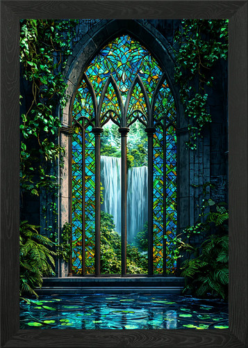 Stained glass waterfall - glass, framed