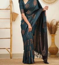 Art silk saree ethnic Indian wedding formal women sari with unstitched blouse