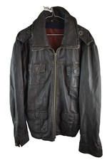 SUPERDRY Brad Black Leather Biker Jacket size XL Mens Full Zip Casual Outdoors