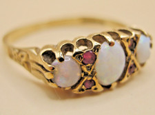 Vintage 9k Yellow Gold Boat Ring With Opal & Ruby Size K 1/2
