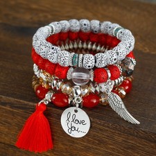 4Pcs Set Boho Tassel Crystal Love You Natural Stone Women Bangle Beaded Bracelet