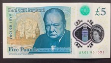 AA01 - £5 Five Pound Polymer Bank Note Queen Elizabeth II. Not Used.
