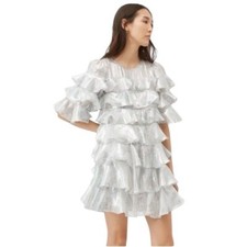NEW Rebecca Taylor Shadow Lily Metallic Silver Silk Ruffle Mini Dress Size 12