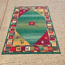 Large Peruvian Tribal Ethnic Style Rug, Green Reds Golds - 225cm x 160cm