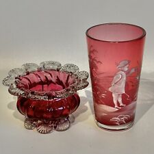 Antique Cranberry Glass Open Salt & Mary Gregory Tumbler 