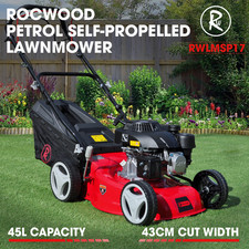 Petrol Lawnmower Self Propelled RocwooD 132cc 17" Mower Lawn Garden 45L Grass