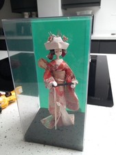 1940s Japanese Geisha Doll Red & Gold holding fan incased in plastic glass case