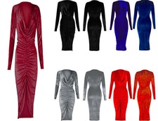 Womens Sexy Velvet  Bodycon Midi Dress Ladies Evening Party Long Sleeve Dresses